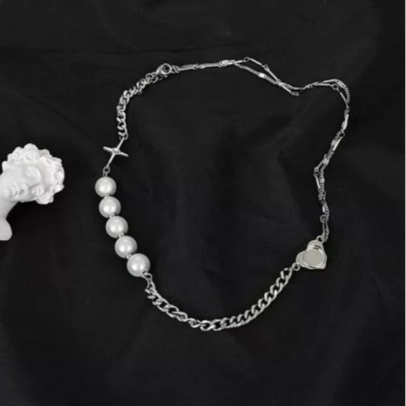 Reflect Light Faux Pearl Cross Stainless Steel Chain Necklace 18.5in - Picture 10 of 16